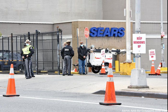 Entrance to Cars lining up at Coronavirus drive-thru testing site in Flatbush