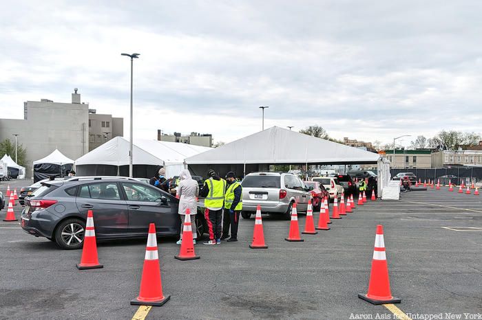 Cars lining up at coronavirus drive-thru testing site in Flatbush