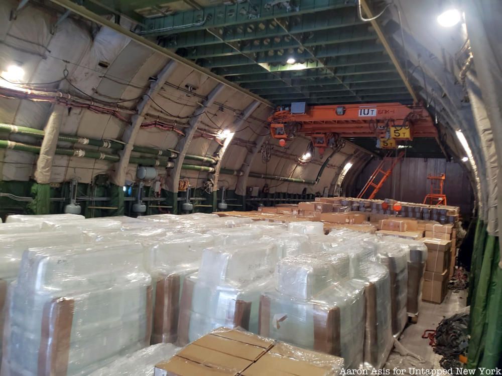 Interior of Russian military plane Antonov-An-124-100 ta JFK Airport with coronavirus medical supplies