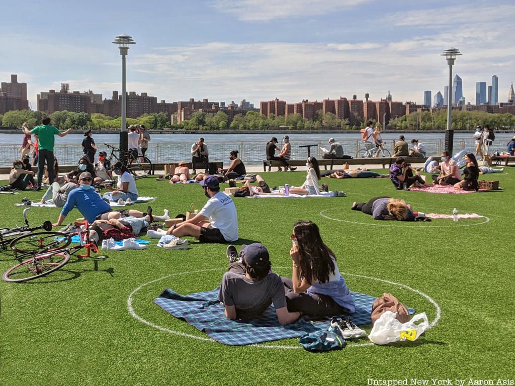 Social distancing circles at Domino Park