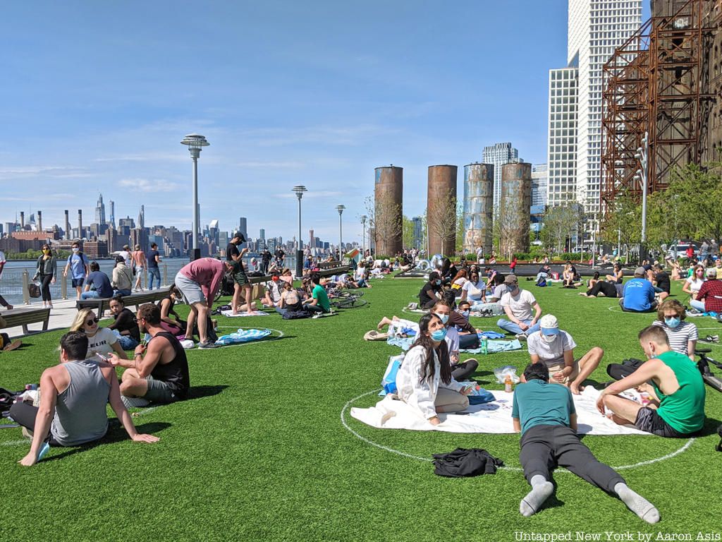 Social distancing circles at Domino Park