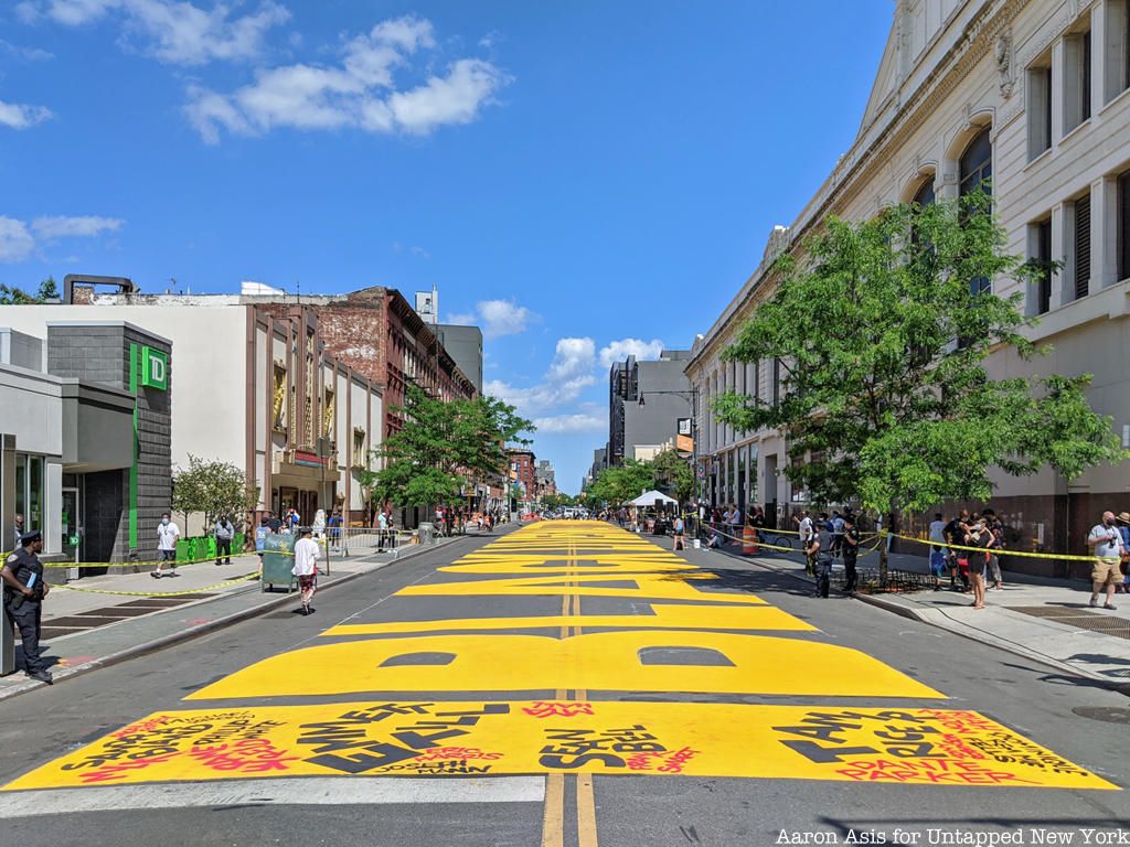 Black Lives Matter mural in Bed Stuy looking down Fulton Street