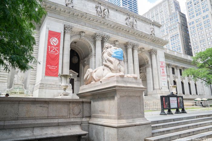 NYPL Lion masked with library in background