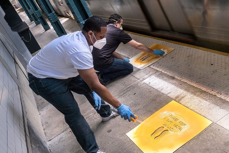 Preparation included floor markers for social distancing, directional arrows and new signage at Beverley Road Station in Brooklyn. Photo: MTA New York City Transit / Patrick Cashin