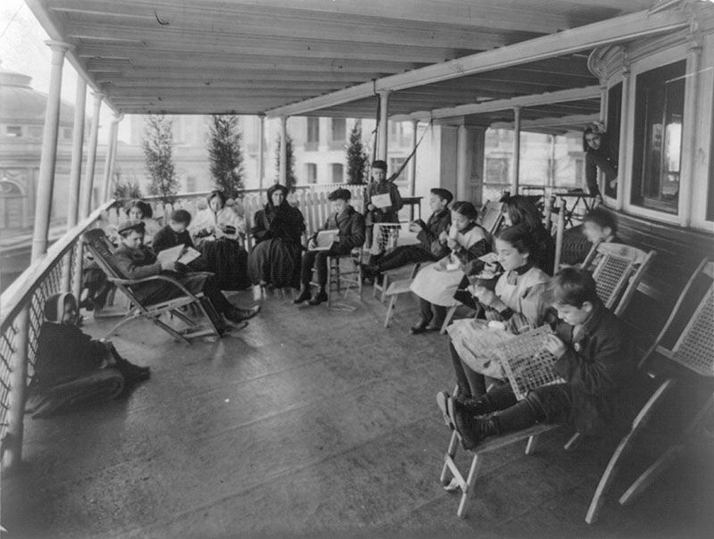 Open air class in manual training on the boat SOUTHFIELD at Bellevue Hospital, New York City