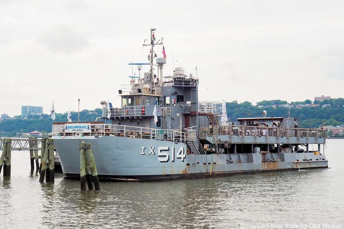 The USS Baylaner, a small aircraft carrier docked at West Harlem Piers