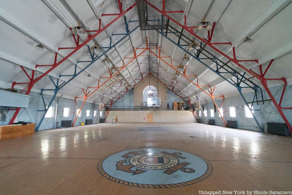 Liggett Hall basketball court looking straight down court with seal