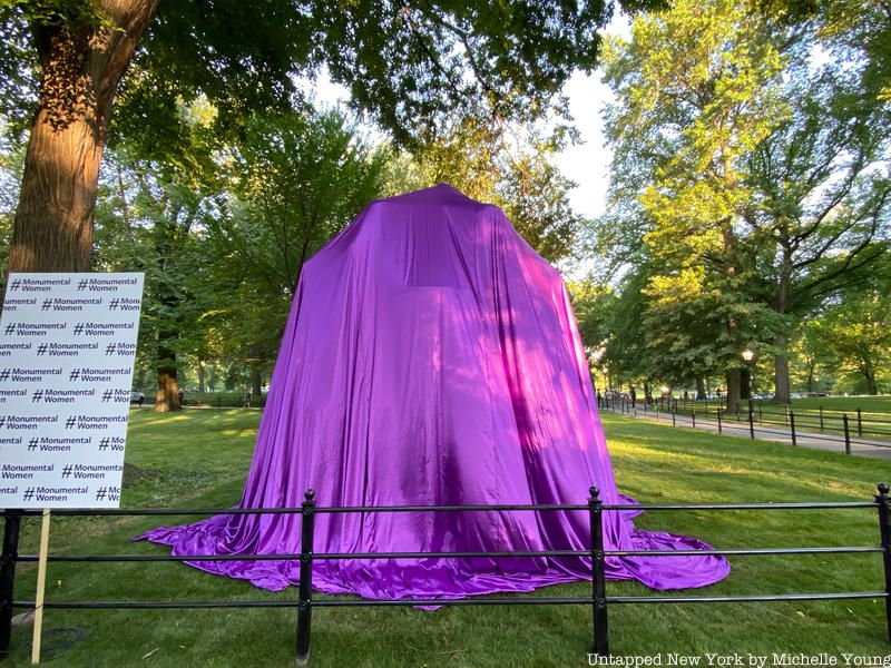 Veiled sculpture for Women's Rights Pioneers Monument