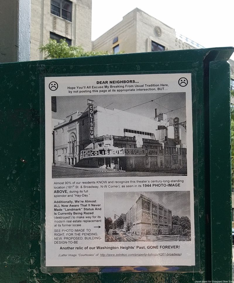 Washington Heights historic sign showing movie theater