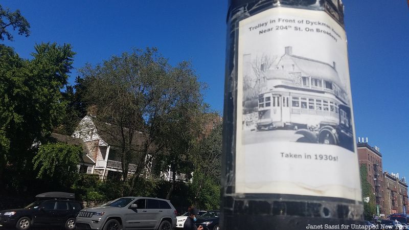 Washington Heights historic sign in front of Dyckman Farmhouse