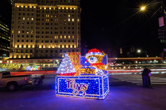 giant lit up toy chest on Fifth Avenue