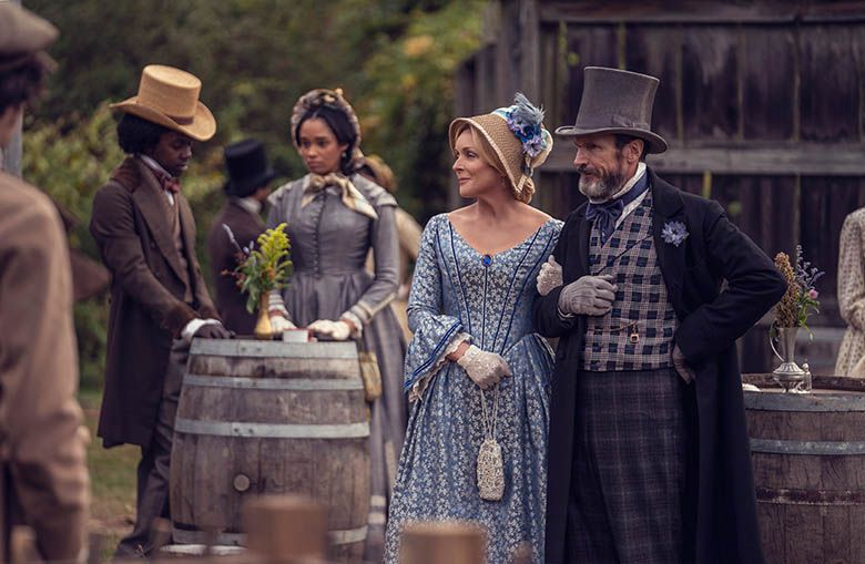 Jane Krakowski and Toby Huss in season two of “Dickinson,” premiering January 8 on Apple TV+.