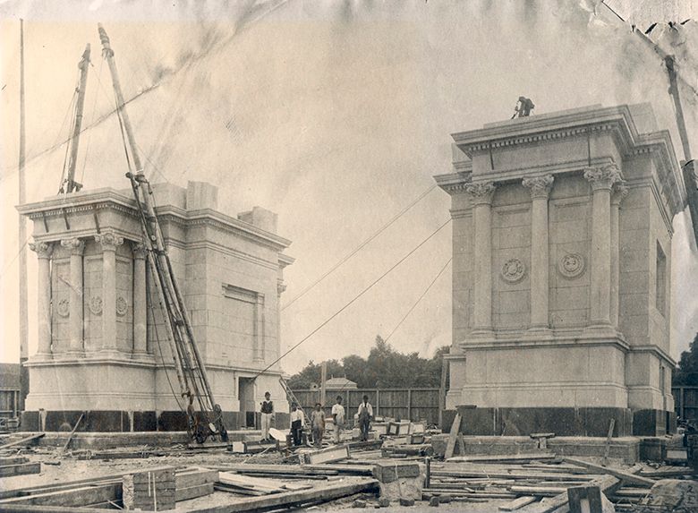 Two piers of Soldiers' and Sailors' Memorial Arch in construction