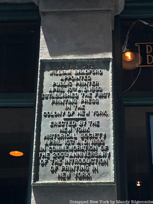 Plaque marking the site of NYC's first printing press