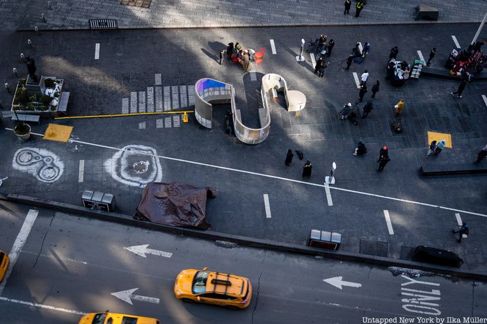 Wide aerial photo of Father Duffy Square