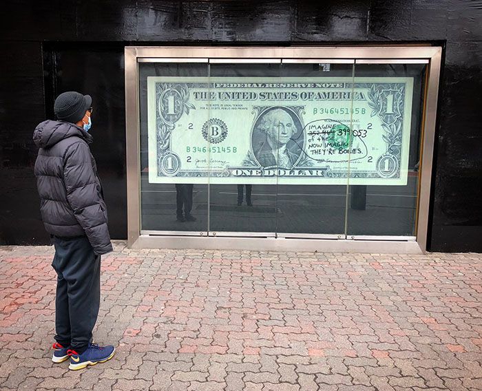 Jilly Ballistic dollar bill installation at Playwrights Horizon