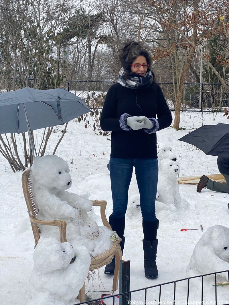 Heidi Hatry in front of her polar bear sculptures in Central Park