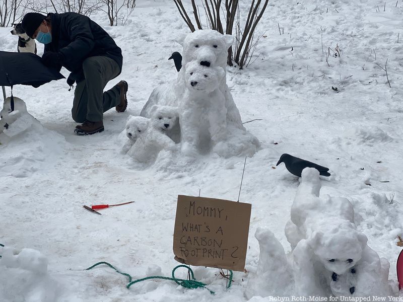 Snowbanksy Polar bear snow sculptures in Central Park