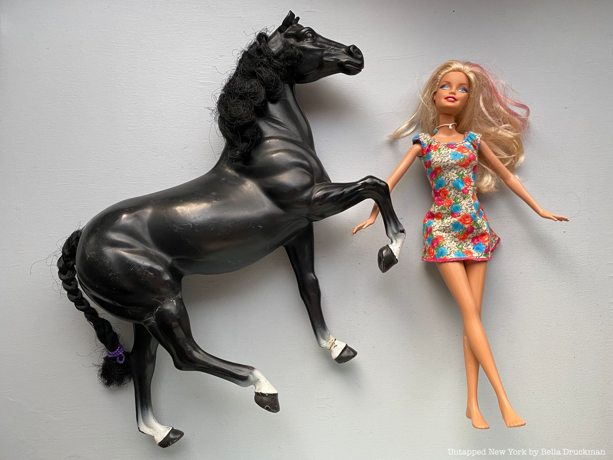 Barbie travels past New York on her horse. 