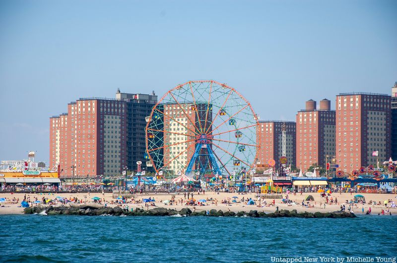 Wonder Wheel amusement park on Coney Island from the water