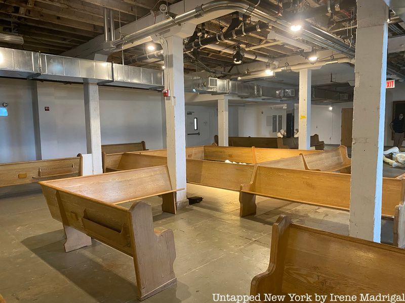 Labyrinth of Quaker church pews in The Forever Museum Archive_Circa 6000BCE exhibit by Onyedika Chuke at The Arts Center at Governors Island