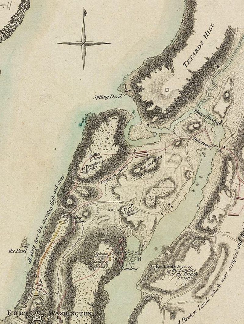 Map of the locations of Forts Washington, Tryon, and Cockhill