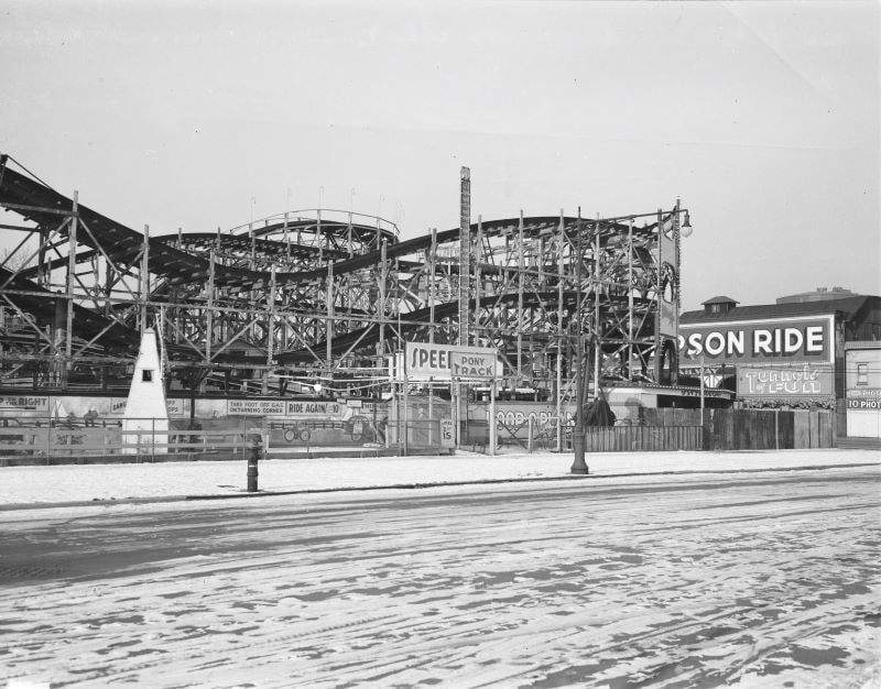 A roller coaster in Coney Island in 1940