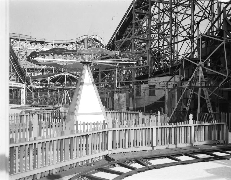 closeup shot of a roller coaster in  1940