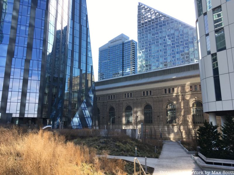 59th Street IRT Powerhouse in the Upper West Side of Manhattan with Waterline Square park in foreground