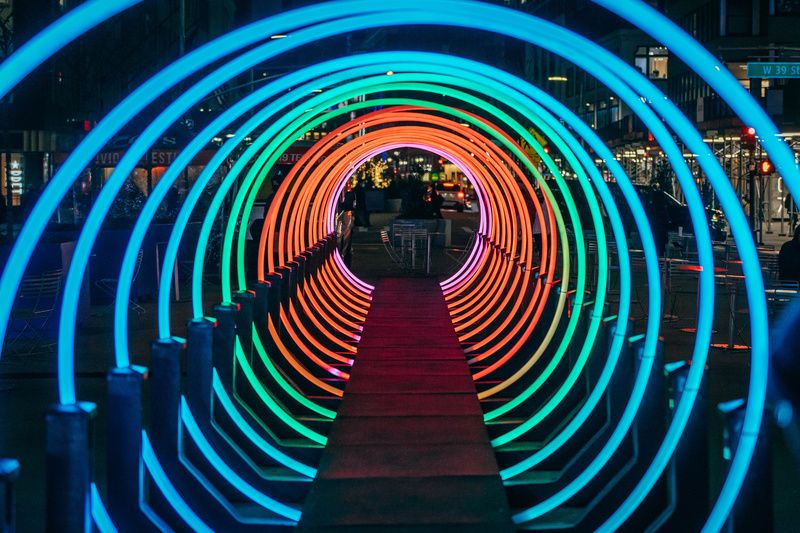 Close-up-shot-of-Glowing-Tunnel-Passage-in-Garment-District-