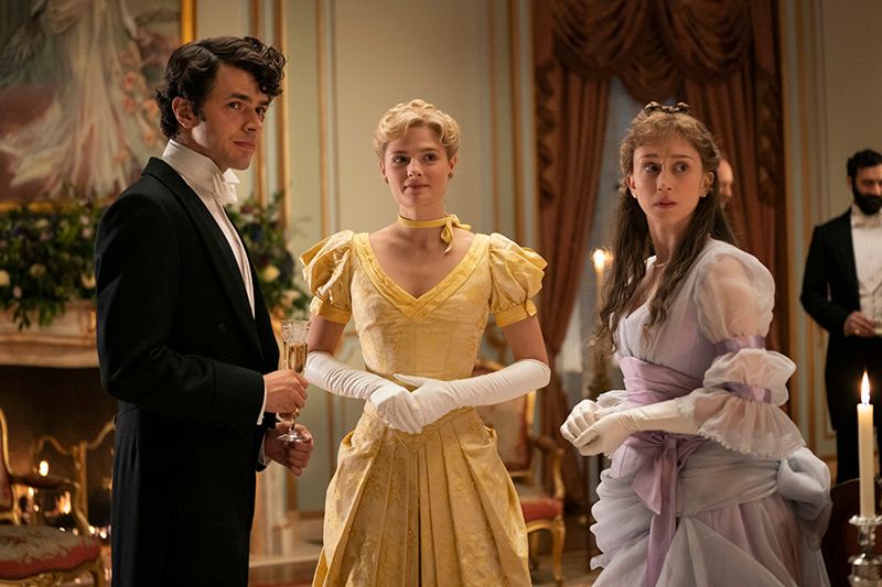 Larry Russell, Marian Brooke and Gladys Russell in the Russells mansion, The Gilded Age filming locations