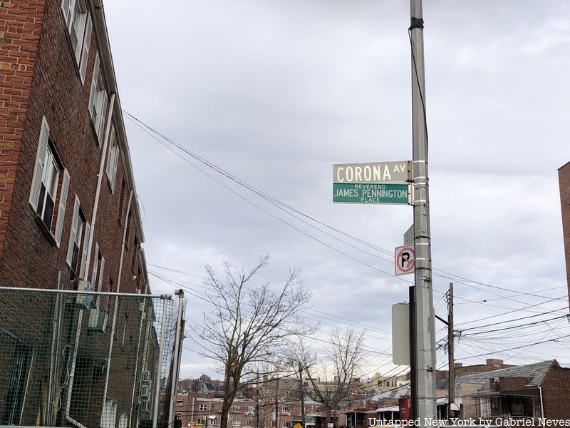 corona avenue street sign honoring james pennington in elmhurst