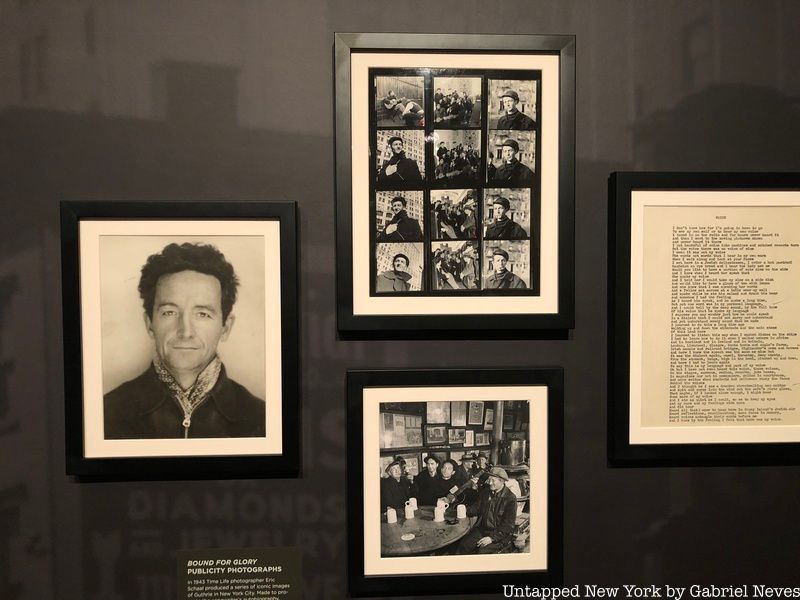 Photo of Guthrie (left), collection of him in New York City (top and bottom), and music lyrics on the right