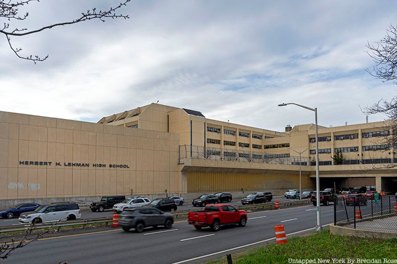 Herbert H. Lehman High School from the Hutchinson River Parkway, April 2022.