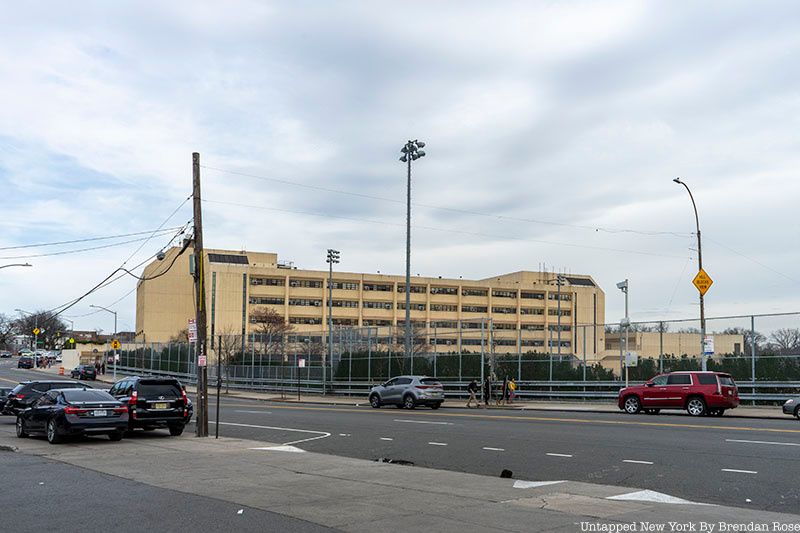 Herbert H. Lehman High School seen from East Tremont Avenue, April 2022.