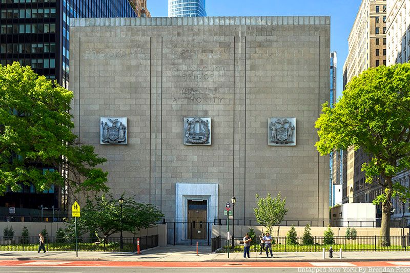 The Hugh Carey Tunnel Ventilation Building seen from Battery Park, A windowless building. 