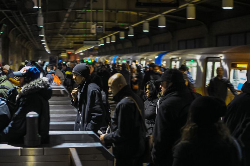 Passengers leaving a PATH train at Newark Penn station.