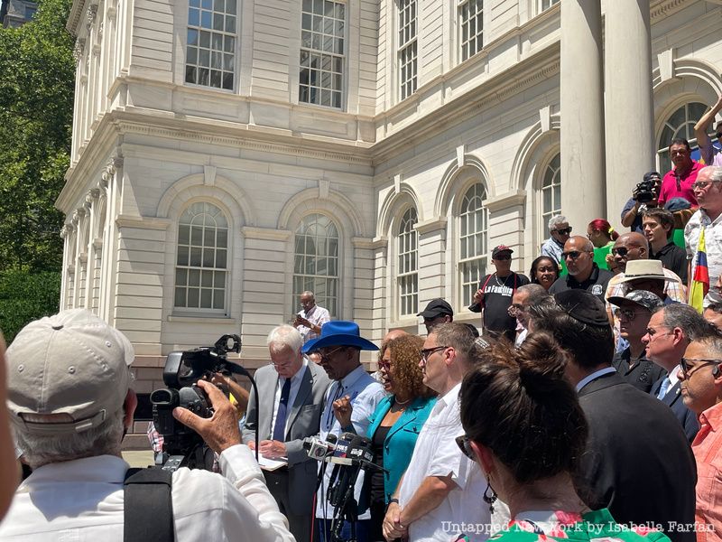 Assemblymember Tapia of The Bronx speaking at City Hall press conference.