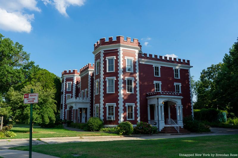 The Fort Totten Officers' Club stands out in the sun.