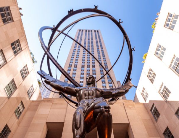 The Atlas statue at Rockefeller Center from below looking up towards 30 Rock in the background.