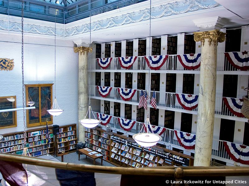 The interior of he Library of the General Society of Mechanics and Tradesmen, one of the oldest libraries in the city.