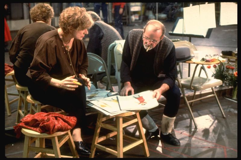 Costume designer Patricia Zipprodt and director / choreographer Bob Fosse  at rehearsal discussing costume sketches for the Broadway musical Big Deal.