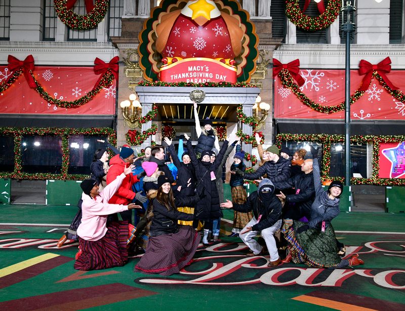 Lea Michele and the cast of Funny Girl practice for the Macy's Thanksgiving Day Parade