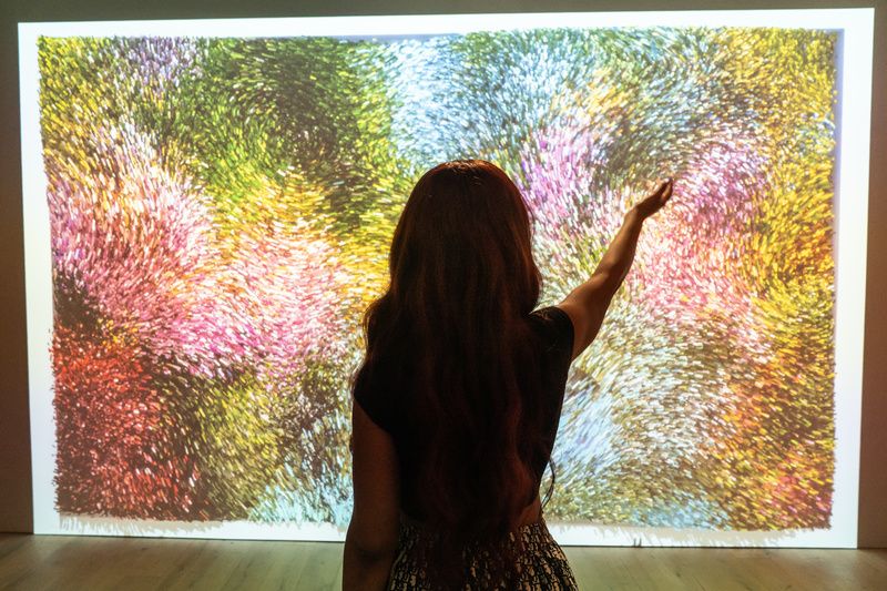 A woman stands in front of a screen in Monet's Garden