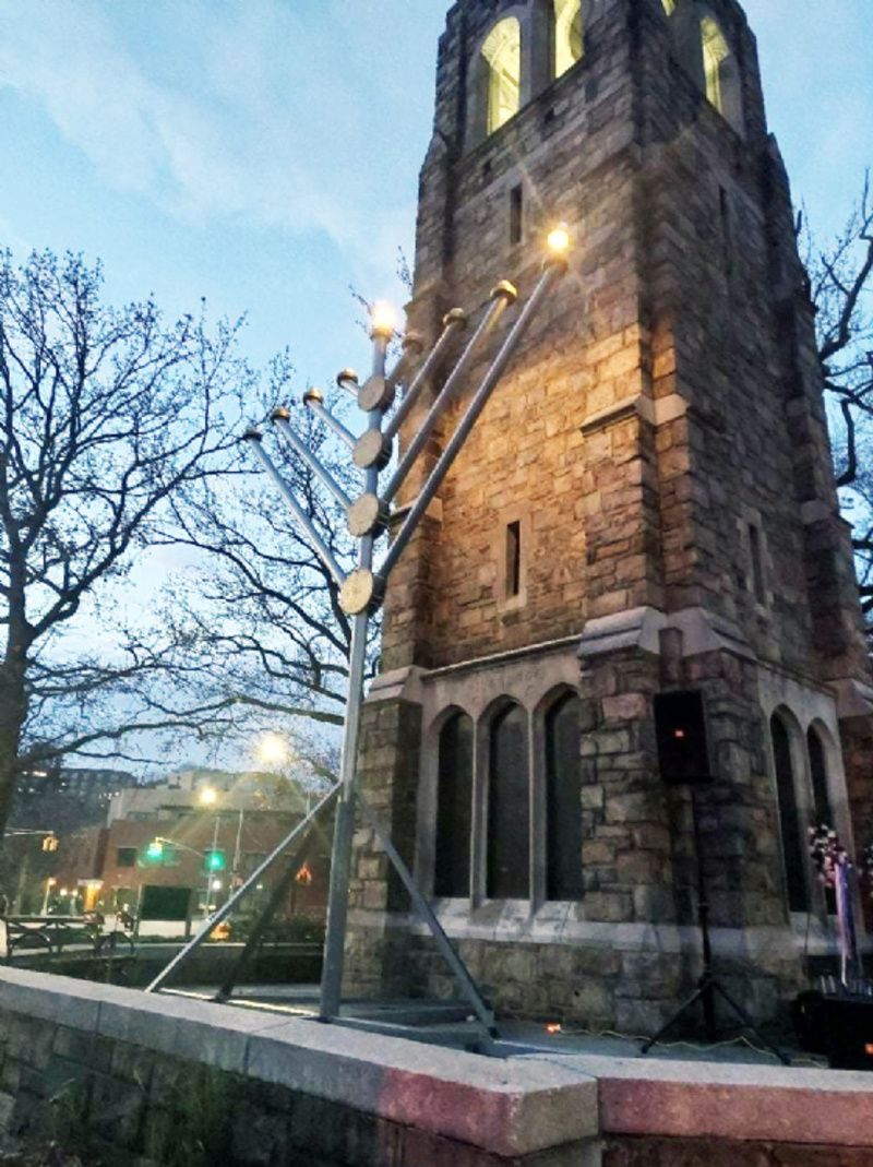 Giant menorah at the Bell Monument in Riverdale