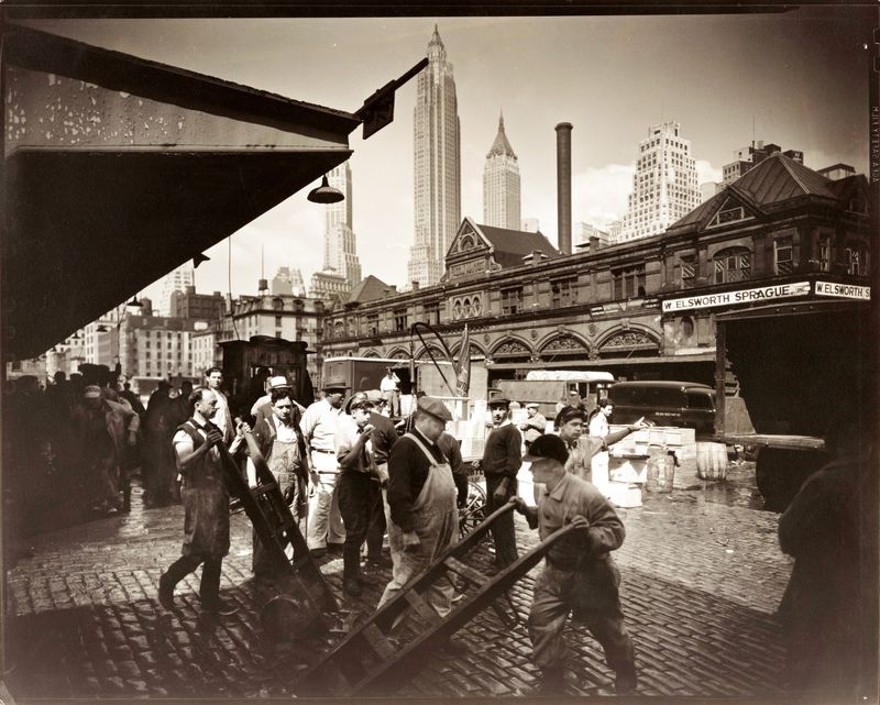 Fulton Fish market street scene in black and white photo