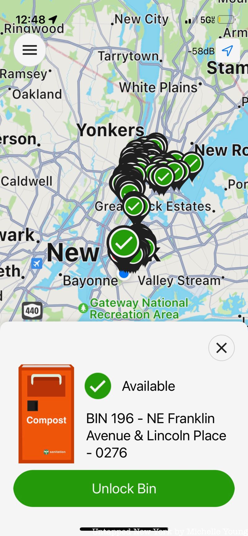 Screenshot showing locations of orange smart compost bins in NYC