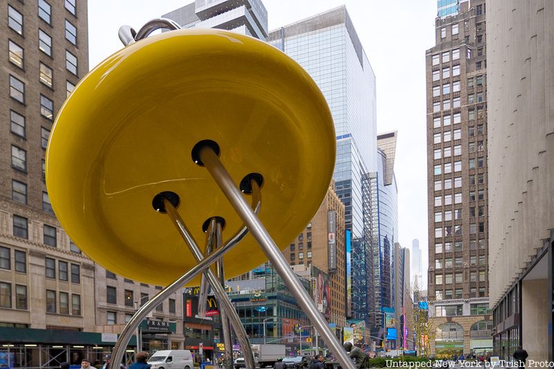 The new yellow Big Button sculpture in Manahattan's Garment District, NYC