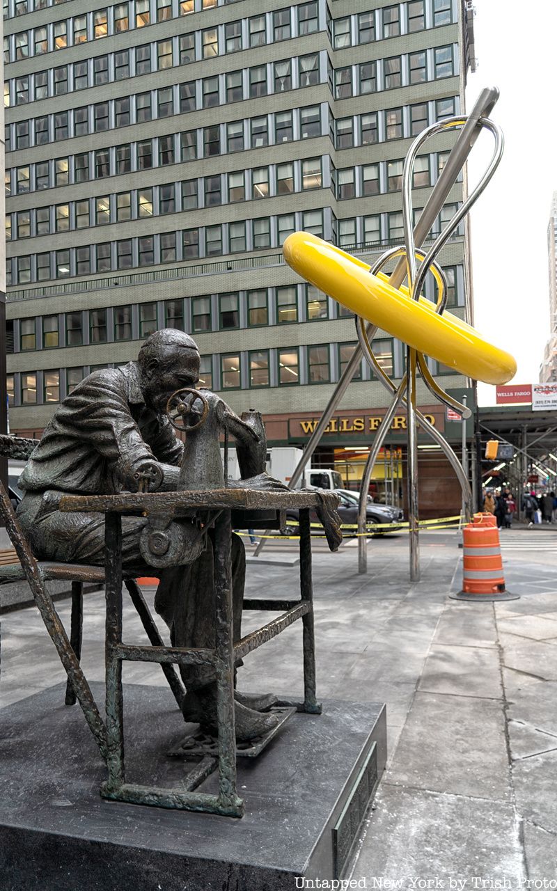 The new yellow Big Button sculpture in Manahattan's Garment District, NYC