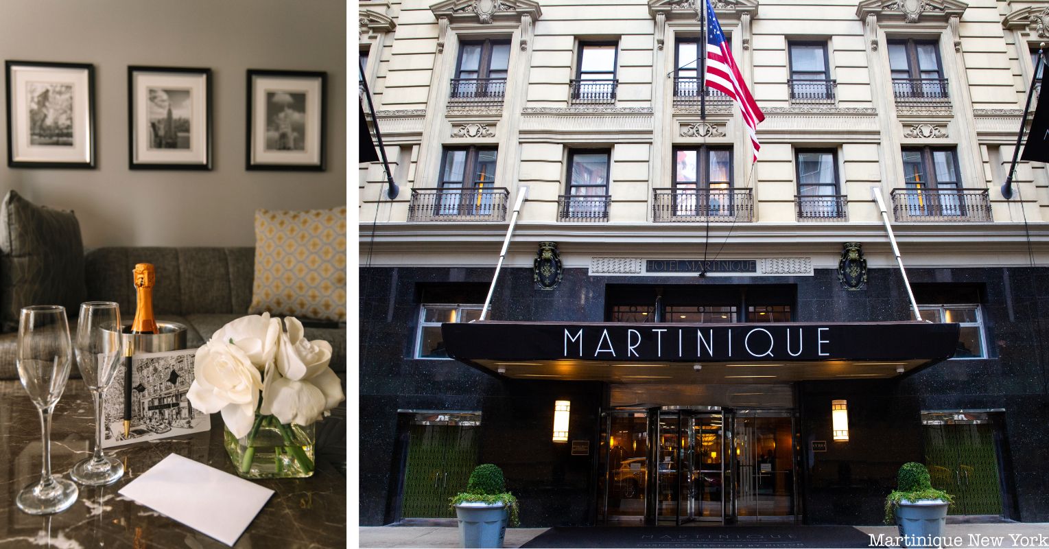 Two champagne glasses and a bottle of champagne in a hotel room next to a photo of the front of the Martinique Hotel for a Valentine's Day